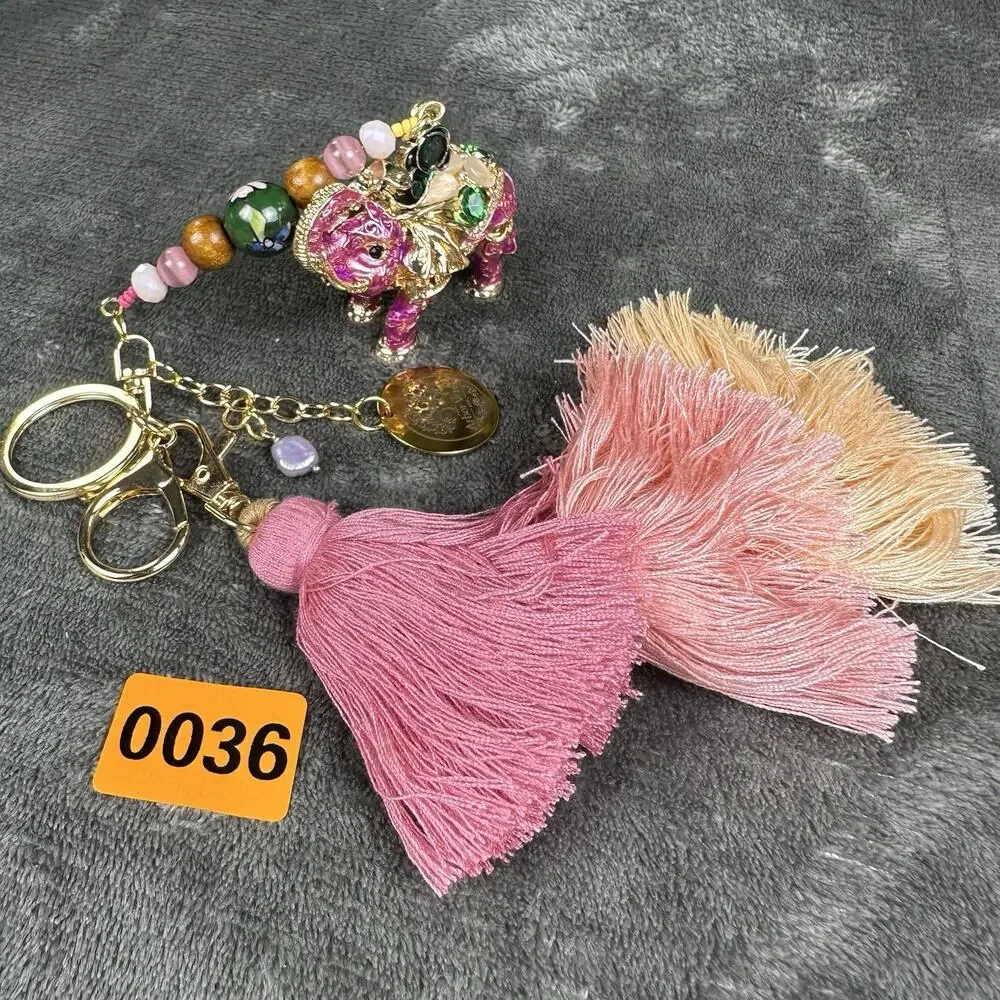 Elephant Pink Bag charm Keychain Metal enamel Boho tier Tassel Beading Unique.